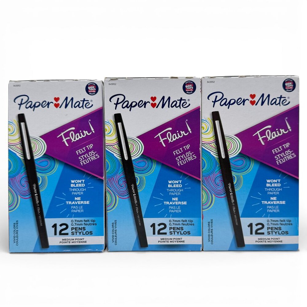 3 Pack Paper Mate Flair Felt Tip Pens Medium Point 0.7mm BLACK - 12 Pens Each